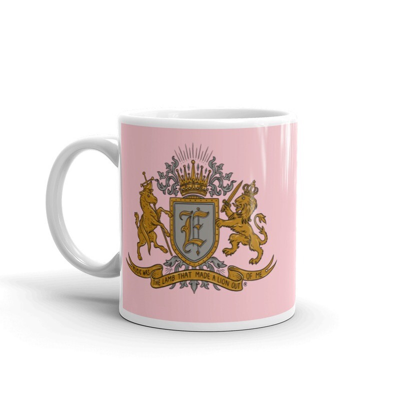 'Music Was The Lamb That Made A Lion Out Of Me' mug in pink