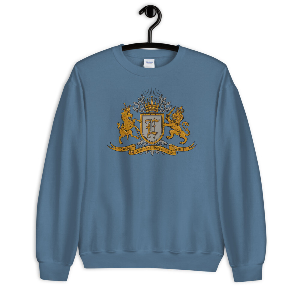 &quot;Music Was The Lamb That Made A Lion Out Of Me&quot; Coat of Arms Sweatshirt Indigo Boy Blue