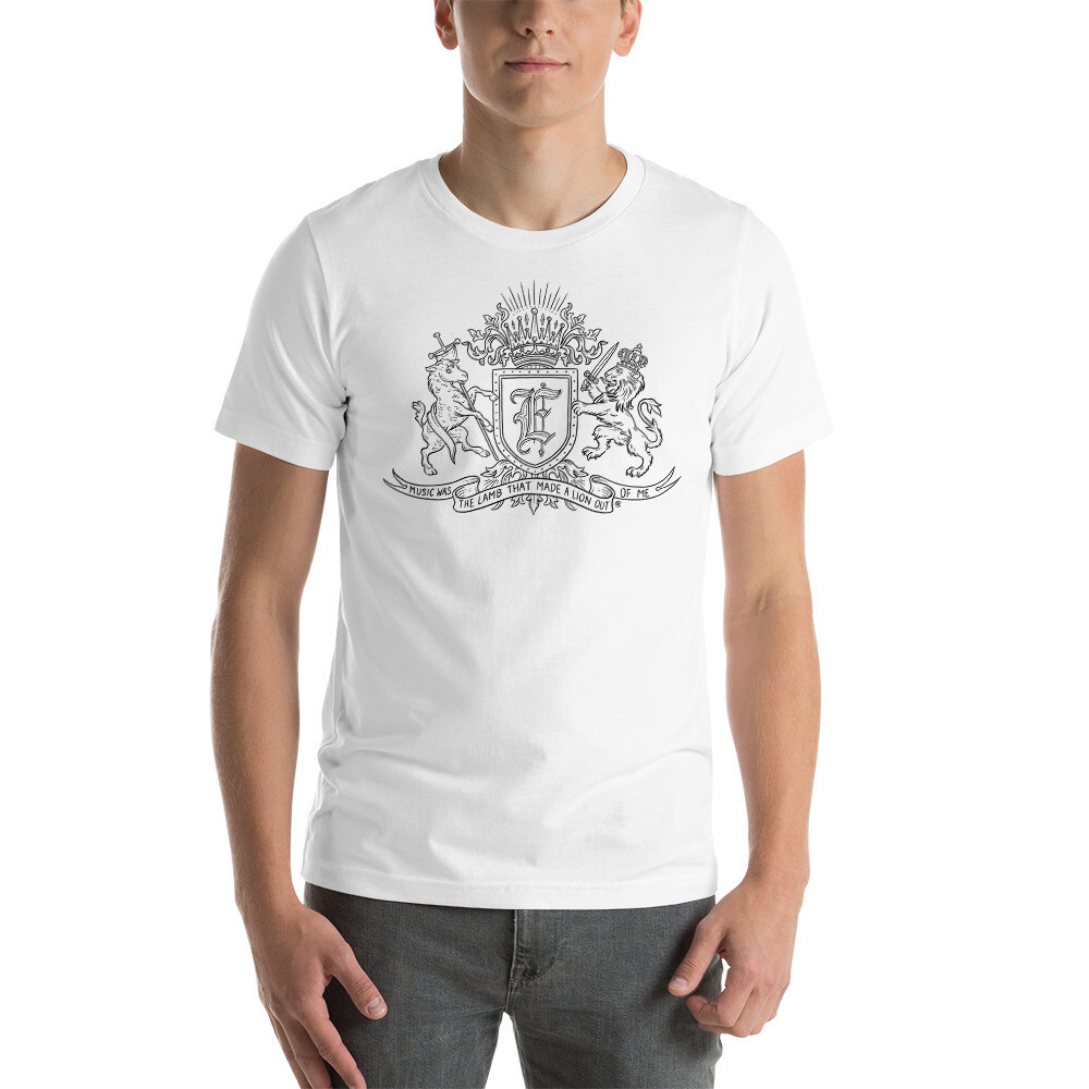 "Music Was The Lamb That Made A Lion Out Of Me" Black Coat of Arms Short-Sleeve Unisex T-Shirt 