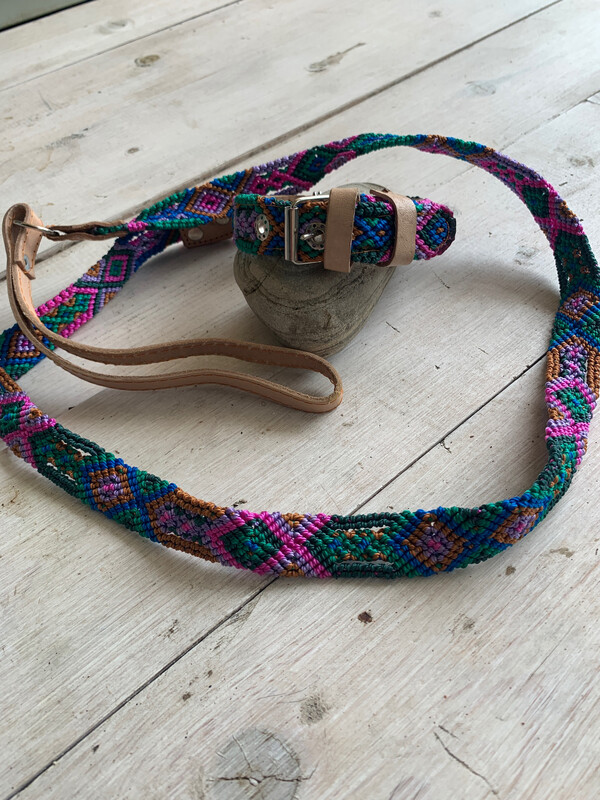 Hand Made Mexican Leash & Collar Set Jewel Tone Multi