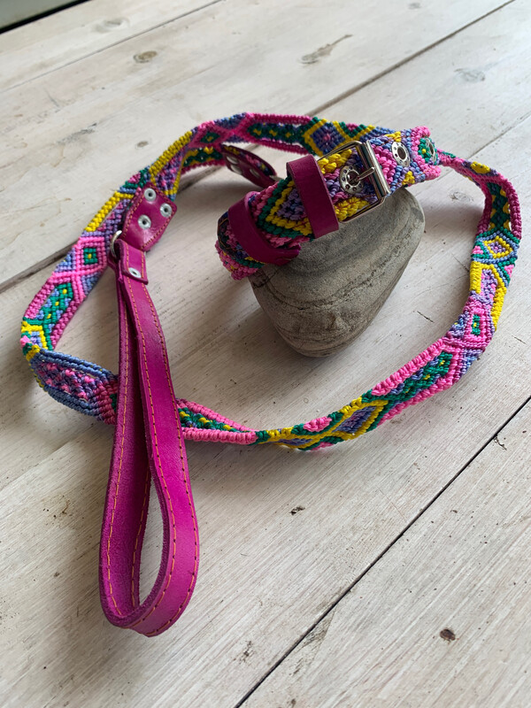 *SOLD* Hand Made Mexican Leash & Collar Set Magenta