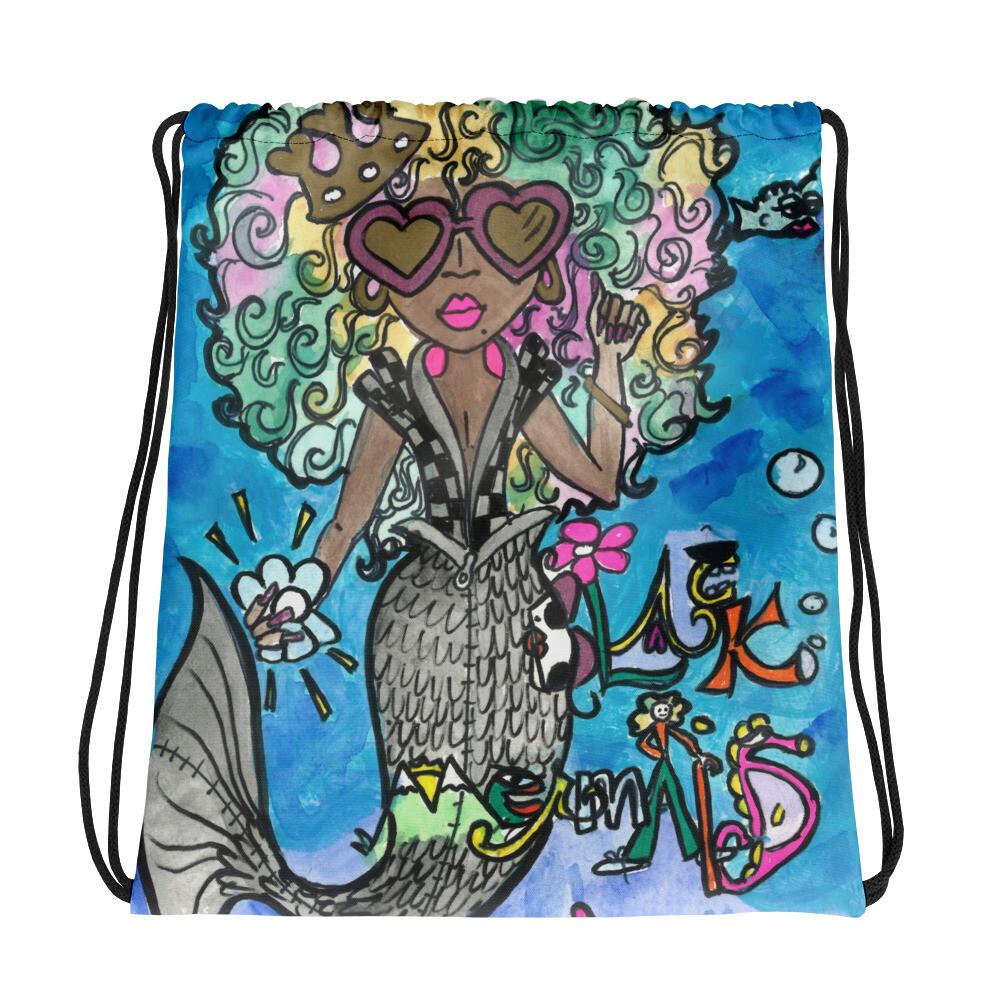 Black Mermaid by Skyler Duf Drawstring bag