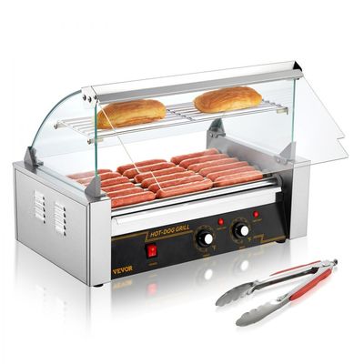 Máquina Industrial para Hot Dogs – 7 Rodillos, Capacidad 18 Salchichas con Cubierta de Vidrio y Calienta Pan