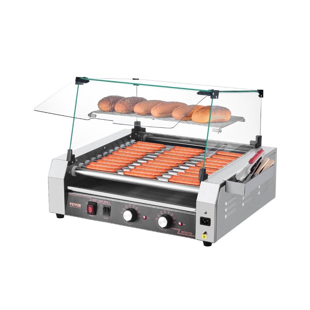 Máquina Industrial para Hot Dogs – 11 Rodillos, 30 Salchichas con Cubierta de Vidrio Comvertible y Calienta Pan