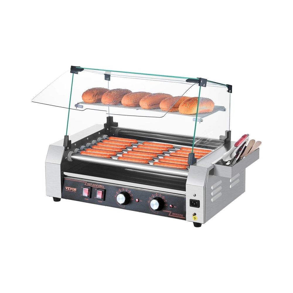 Máquina Industrial para Hot Dogs – 7 Rodillos, 18 Salchichas con Cubierta de Vidrio Comvertible y Calienta Pan
