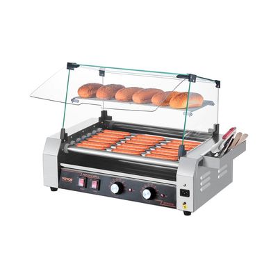 Máquina Industrial para Hot Dogs – 7 Rodillos, 18 Salchichas con Cubierta de Vidrio Comvertible y Calienta Pan