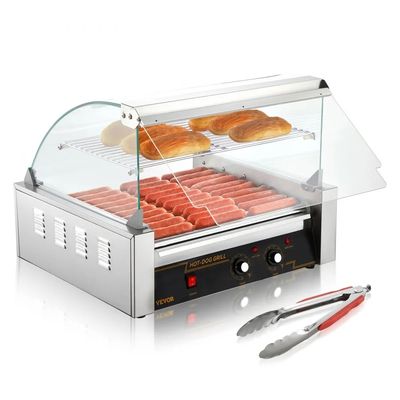 Máquina Industrial para Hot Dogs – 11 Rodillos, Capacidad 30 Salchichas con Cubierta de Vidrio y Calienta Pan Domo