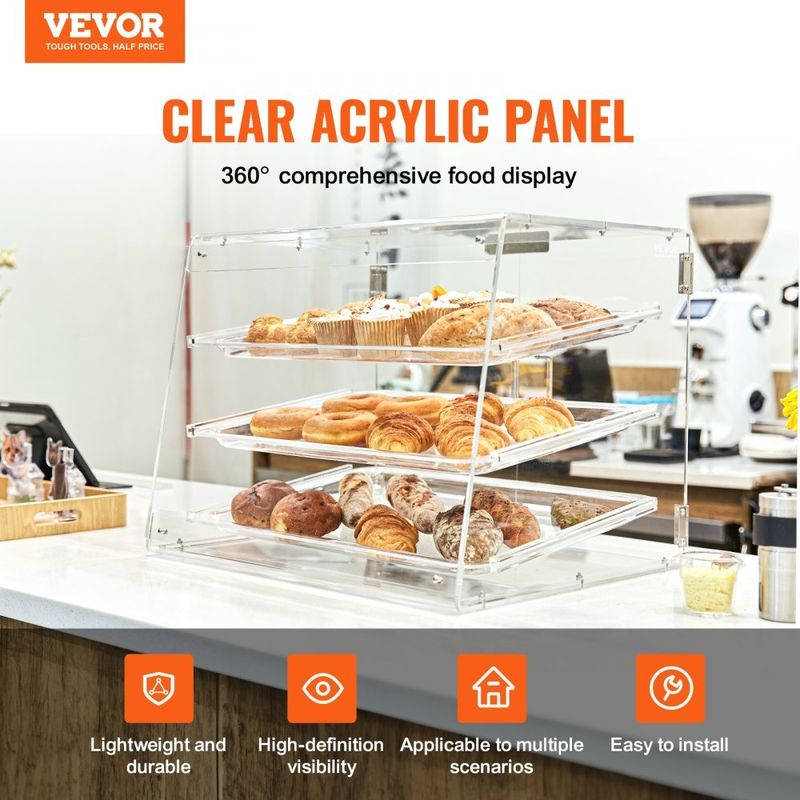 Vitrina Comercial Acrílica para Donas, Pasteles y Bocadillos – 3 Estantes Removibles – 52.5 x 36 x 41.4 cm