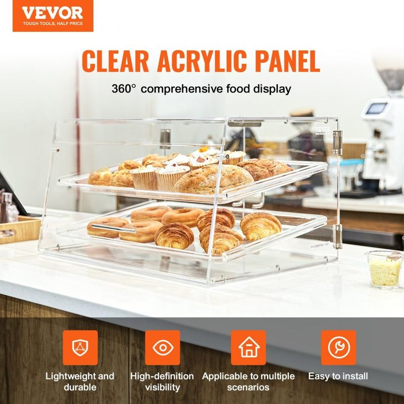 Vitrina Comercial Acrílica para Donas, Pasteles y Bocadillos – 2 Estantes Removibles – 53 x 34 x 30 cm