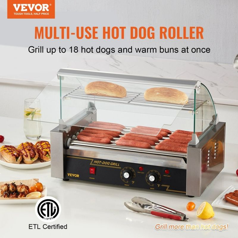 Máquina Industrial para Hot Dogs – 7 Rodillos, Capacidad 18 Salchichas con Cubierta de Vidrio y Calienta Pan