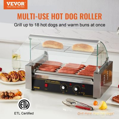 Máquina Industrial para Hot Dogs – 7 Rodillos, Capacidad 18 Salchichas con Cubierta de Vidrio y Calienta Pan