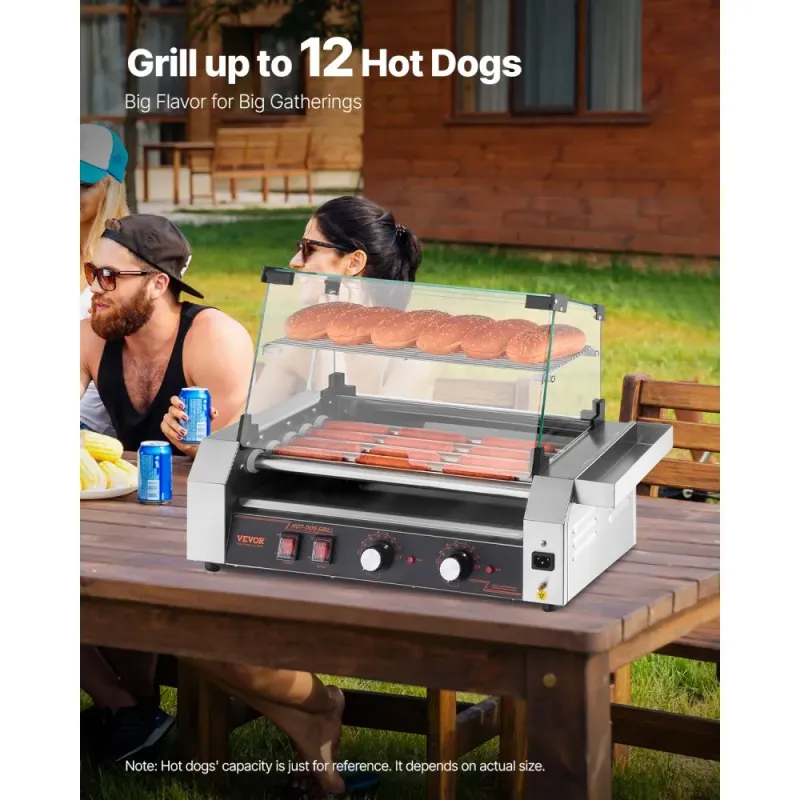 Máquina Industrial para Hot Dogs – 5 Rodillos, 12 Salchichas con Cubierta de Vidrio Comvertible y Calienta Pan