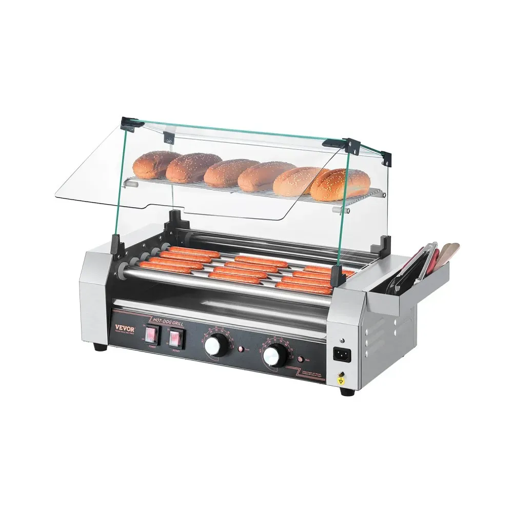 Máquina Industrial para Hot Dogs – 5 Rodillos, 12 Salchichas con Cubierta de Vidrio Comvertible y Calienta Pan