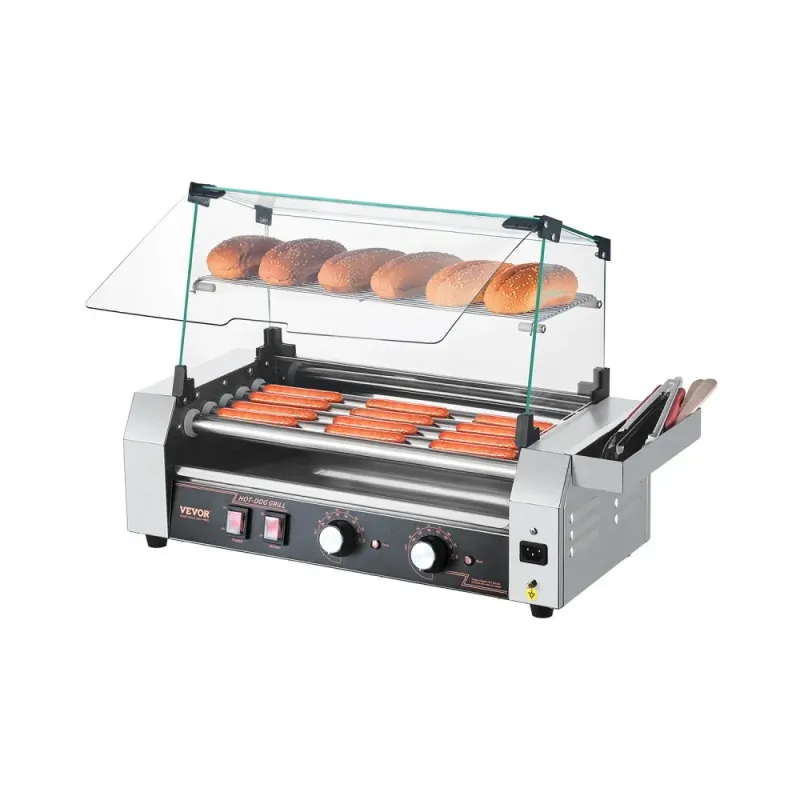 Máquina Industrial para Hot Dogs – 5 Rodillos, 12 Salchichas con Cubierta de Vidrio Comvertible y Calienta Pan