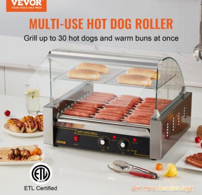 Máquina Industrial para Hot Dogs – 11 Rodillos, Capacidad 30 Salchichas con Cubierta de Vidrio y Calienta Pan Domo