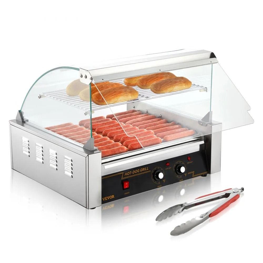 Máquina Industrial para Hot Dogs – 11 Rodillos, Capacidad 30 Salchichas con Cubierta de Vidrio y Calienta Pan Domo