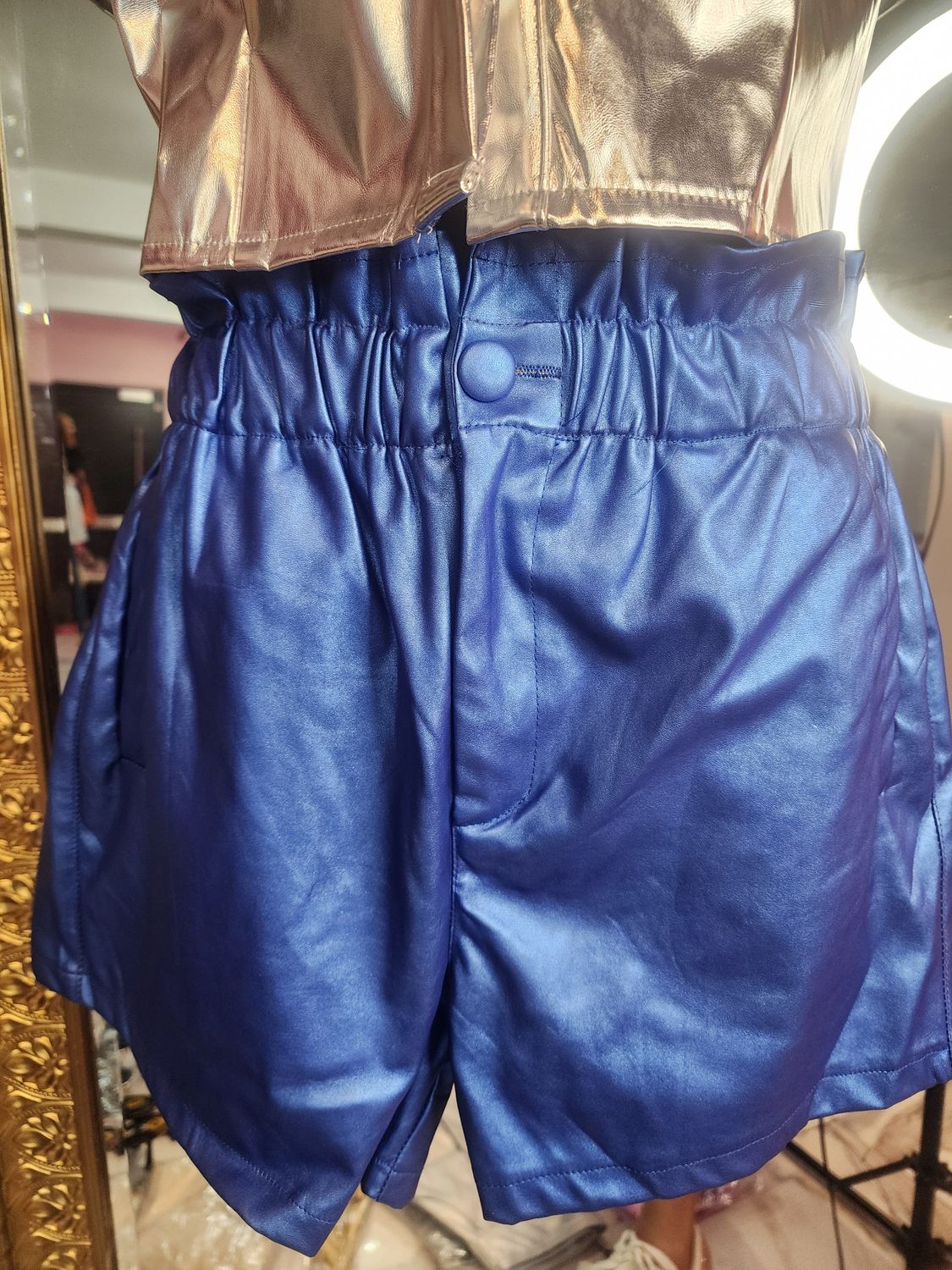 Blue leather shorts