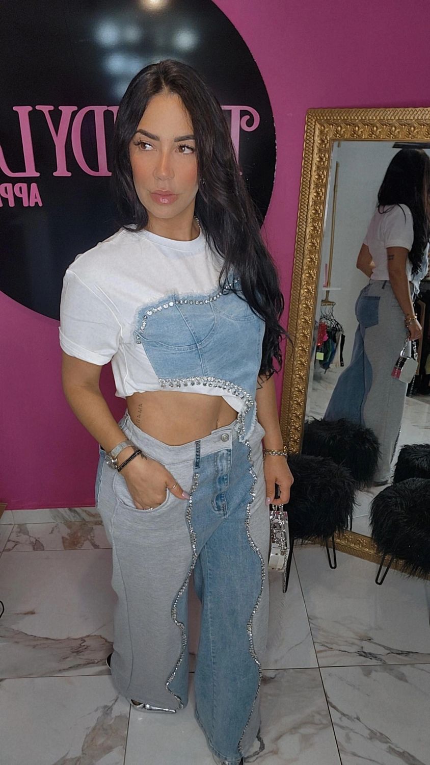 Denim  n crystals tee