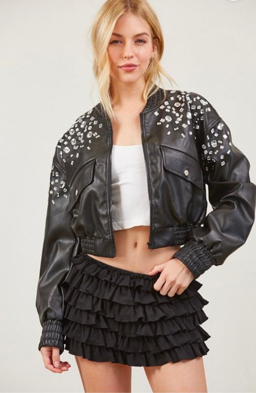 Spike leather jacket w rainstones