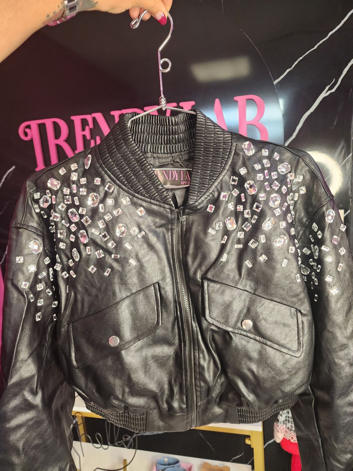 Spike leather jacket w rainstones Spike leather jacket w rainstones
