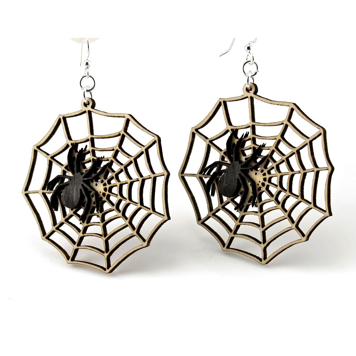 Spider Web Earrings - Black Satin Natural Wood