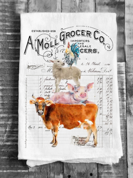 Vintage Farm Animals Grocers Flour Sack Tea Towel