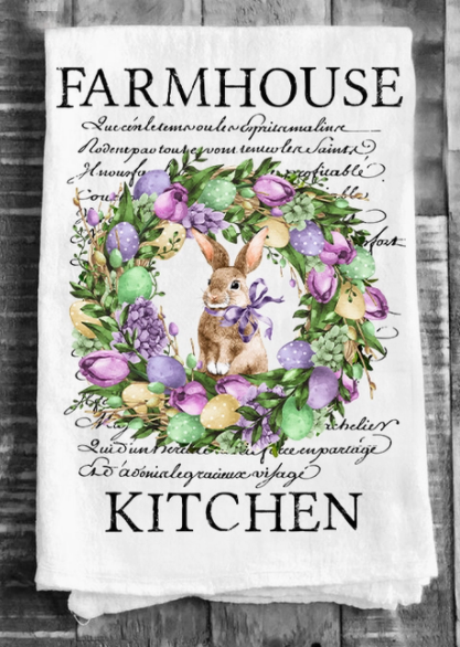 Farmhouse Kitchen Easter Bunny Wreath Flour Sack Tea Towel