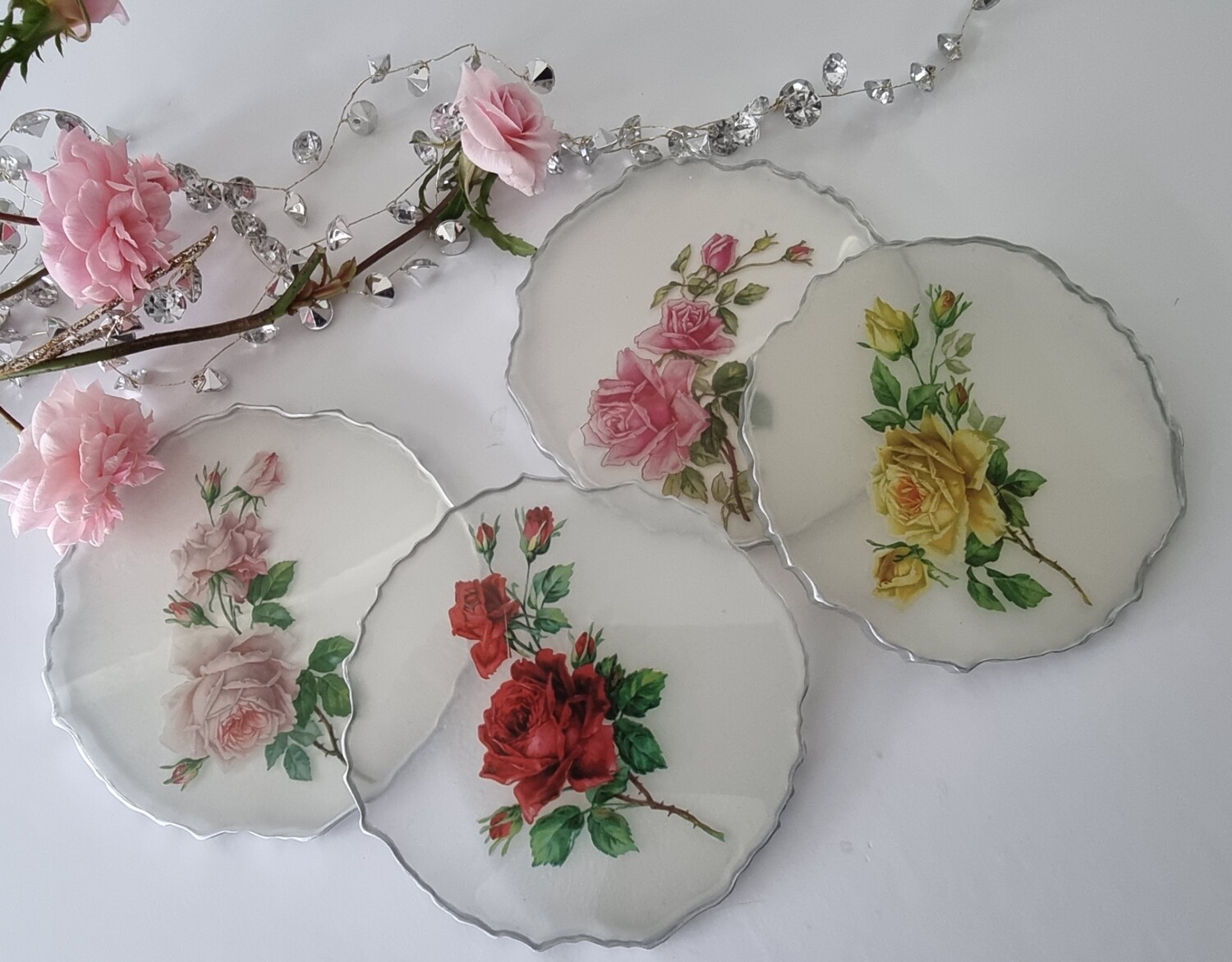 Floral Coasters x 4 (silver edging)