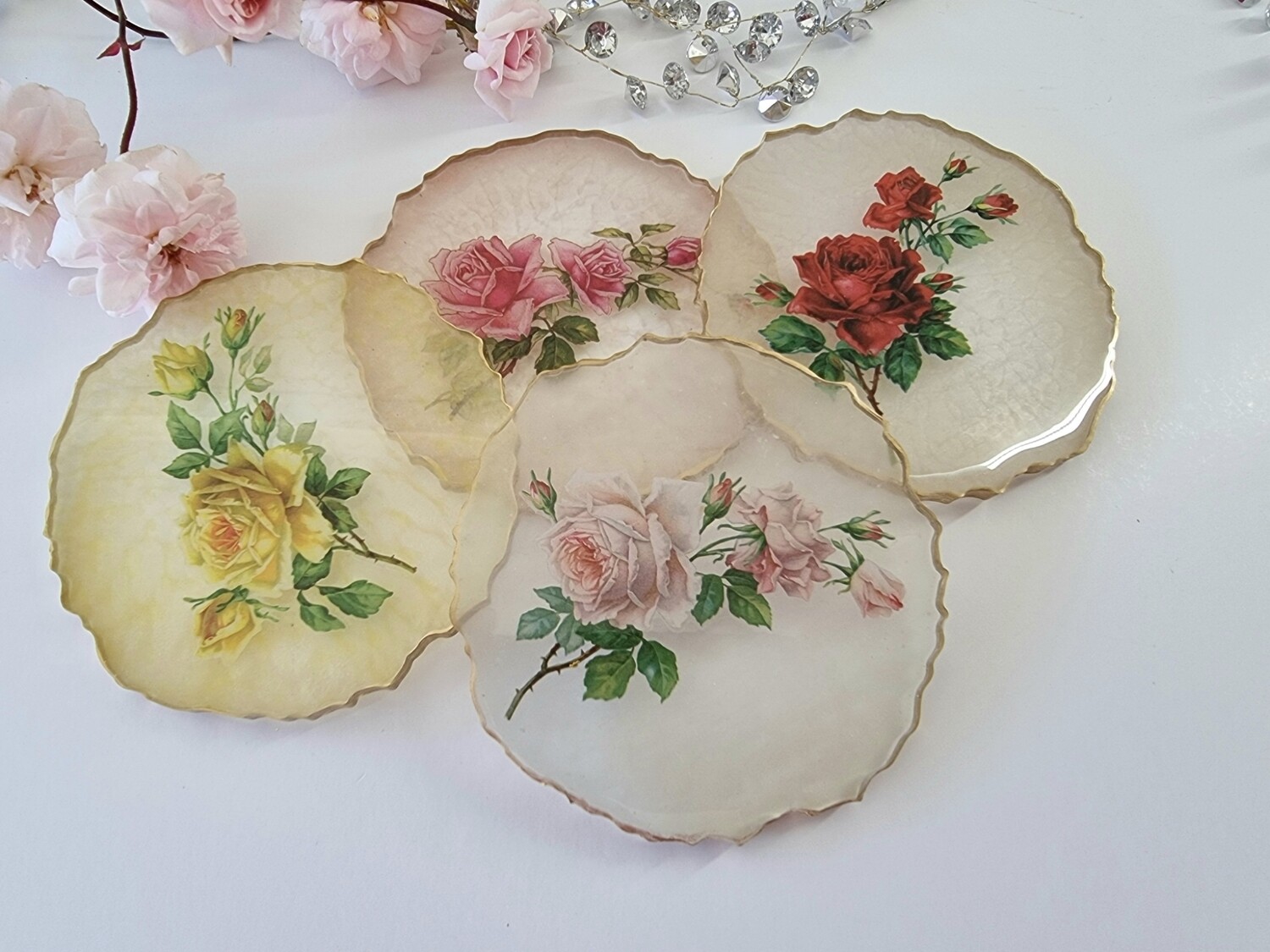 Floral coasters x 4 (gold edging)