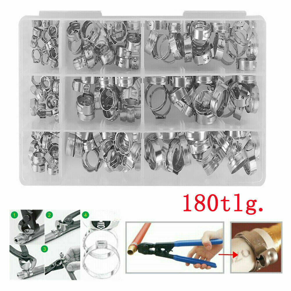 180pcs Ohr Schlauchschellen Edelstahl Sortiment Schlauchklemmen Set KFZ Verzinkt