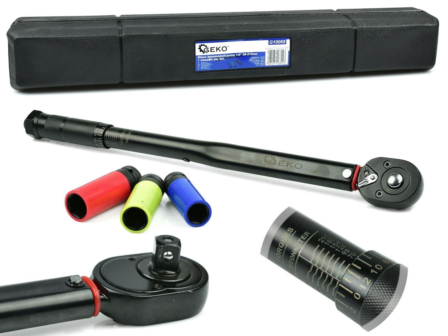 Drehmomentschlüssel 1/2&quot; 28-210nm + 3-teilige Alu-Stecknüsse Schwarz HD