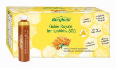 Gelée Royale ImmunAktiv 800, 14 Ampullen
Nahrungsergänzungsmittel
Für Immunsystem und tägliche Energie
- Hochwertiges Vitalstoff-Tonikum aus 800 mg Gelée Royale
- Vitamin C und D für das Immunsyste