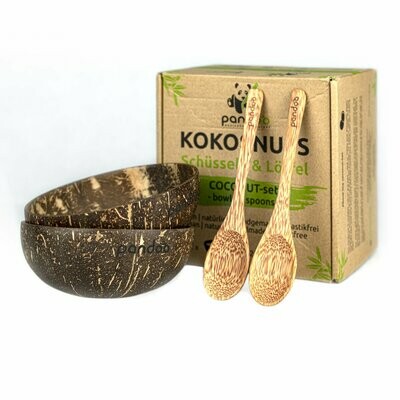 KOKOSNUSS-SET
SCHÜSSELN UND LÖFFEL
Zwei Schüsseln aus 100% Kokosnussschalen mit zwei Löffeln aus dem Stamm der Kokosnusspalme – beides mit Kokosöl poliert