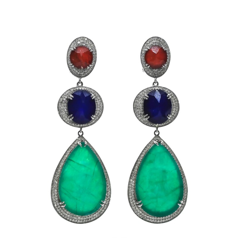 ARETES ORO BLANCO LARGOS MULTICOLOR Y DIAMANTES 14K