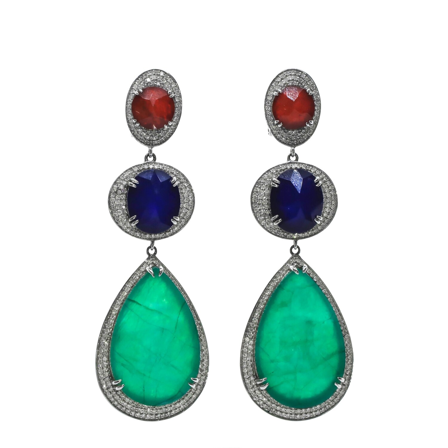 ARETES ORO BLANCO LARGOS MULTICOLOR Y DIAMANTES 14K