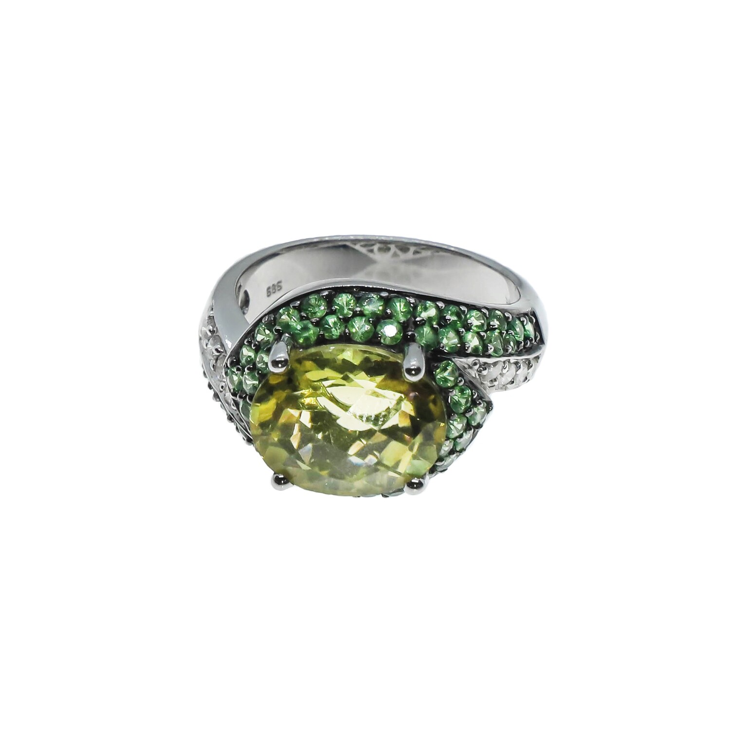 ANILLO ORO BLANCO SABORAY DIAMANTES Y CUARZO LIMON 14K