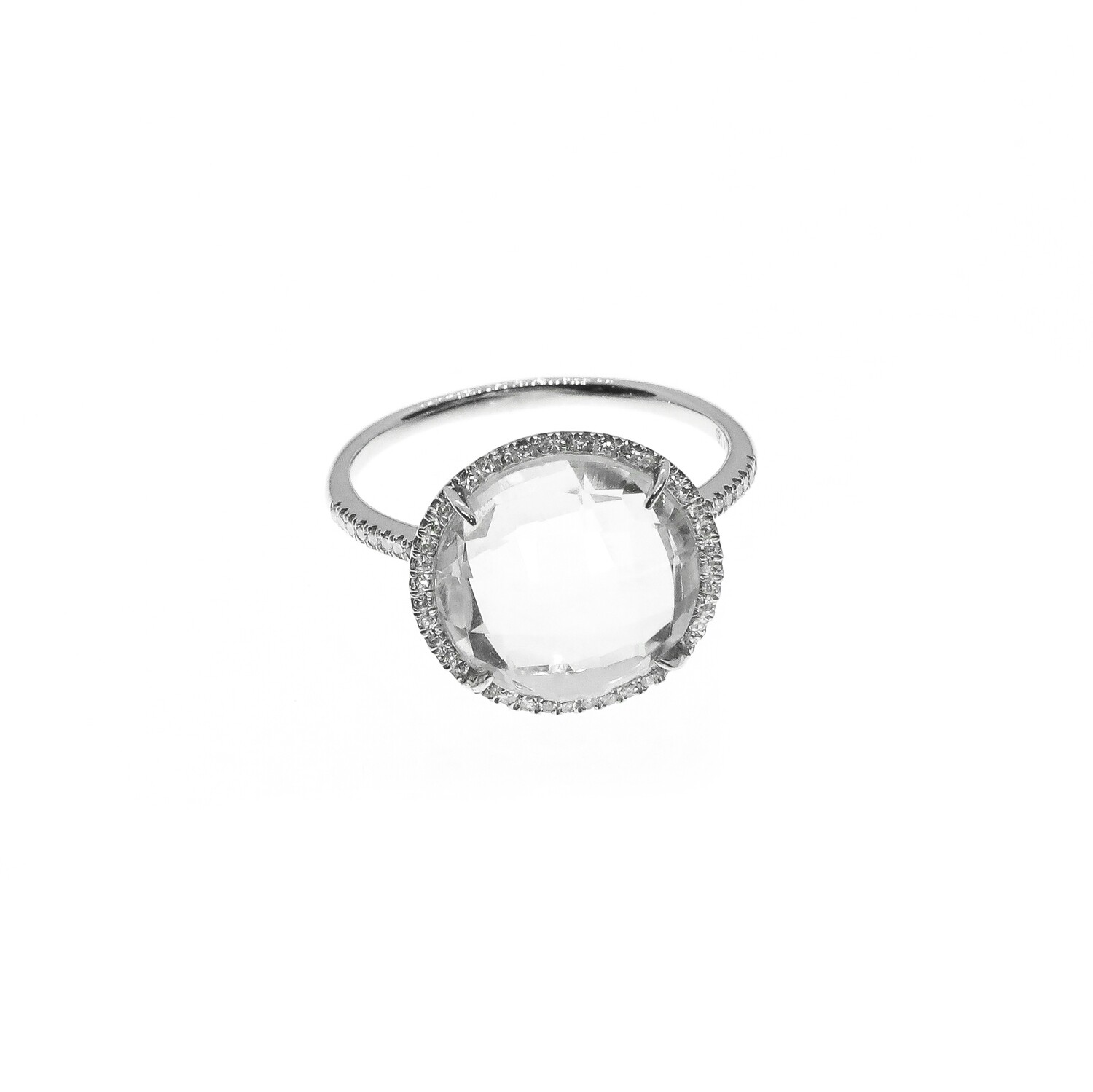 ANILLO ORO BLANCO CUARZO CLEAR Y DIAMANTES 14K