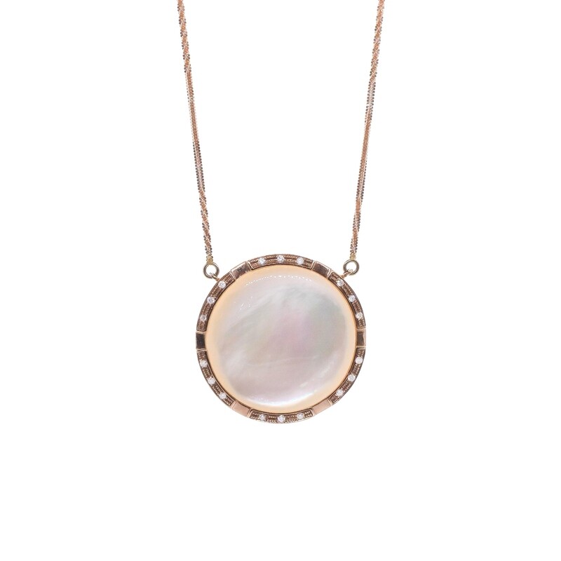 CADENA ORO ROSADO CON DIJE MADREPERLA Y DIAMANTES 18K