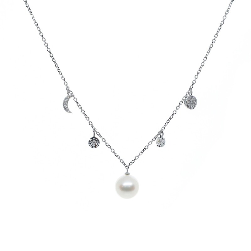 GARGANTILLA ORO BLANCO PERLA LUNA DIAMANTES 14K