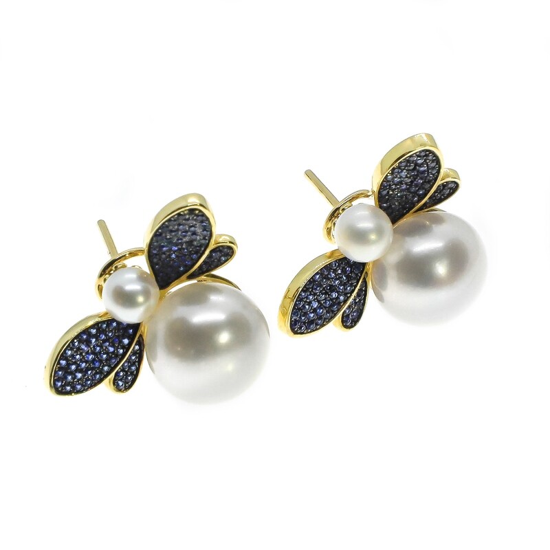 ARETES ORO AMARILLO ABEJA CON PERLAS Y ZAFIROS 14K