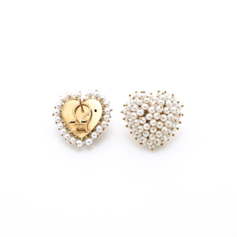 ARETES ORO AMARILLO 14K CORAZON PERLAS