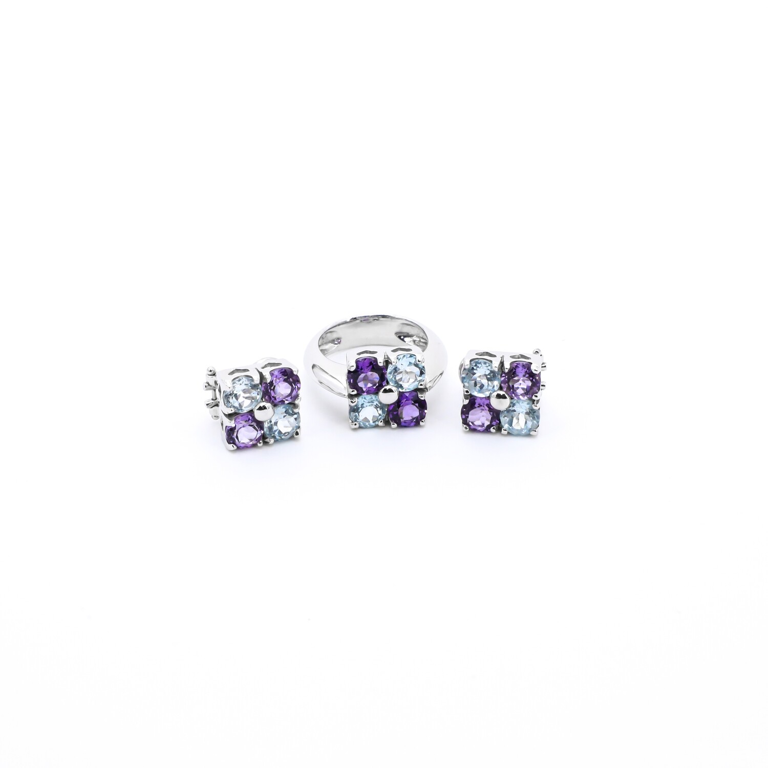 SET ARETE ANILLO ORO BLANCO 14K AMATISTA TOPACIO AZUL FLOR