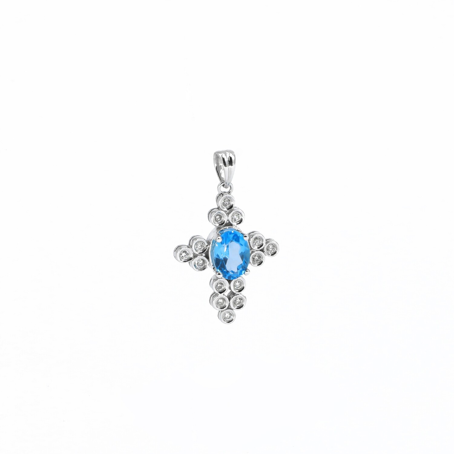 DIJE ORO BLANCO 14K CRUCIFIJO TOPACIO AZUL Y DIAMANTES