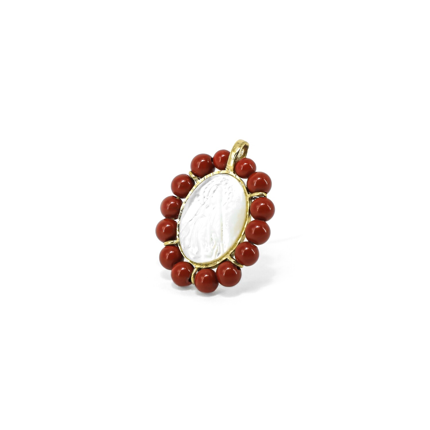 DIJE ORO AMARILLO 14K MILAGROSA MADREPERLA Y CORAL