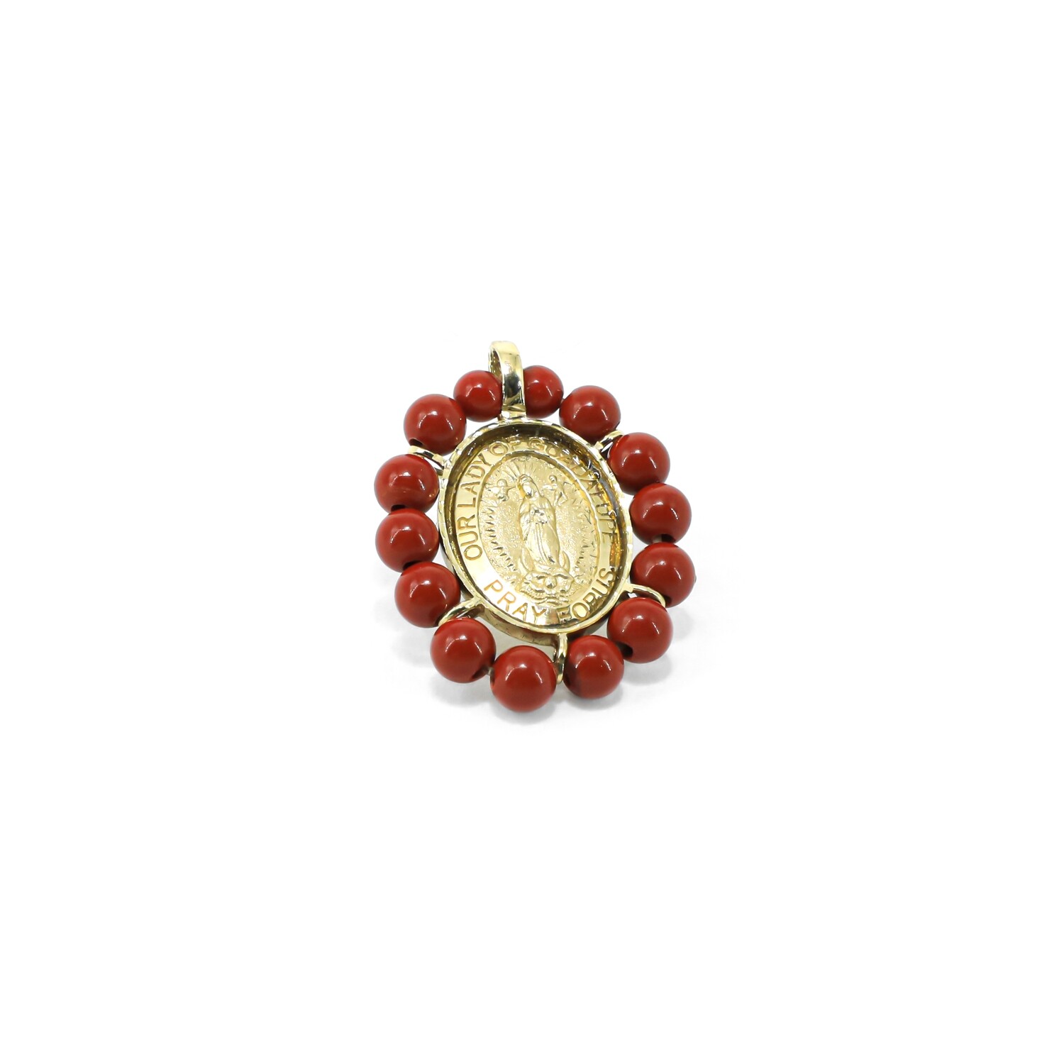 DIJE ORO AMARILLO 14K PERLA Y CORAL DISEÑO VIRGEN MILAGROSA