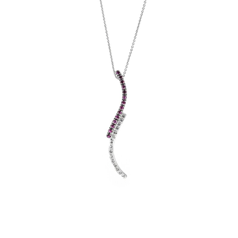 CADENA CON DIJE ORO BLANCO 14K DISEÑO LARGO SAFIRO ROSA &amp; DIAMANTES