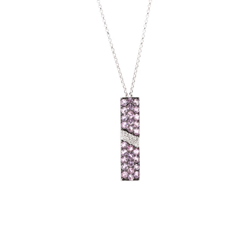 CADENA ORO BLANCO 14K CON DIJE SAFIRO ROSA &amp; DIAMANTES LARGO