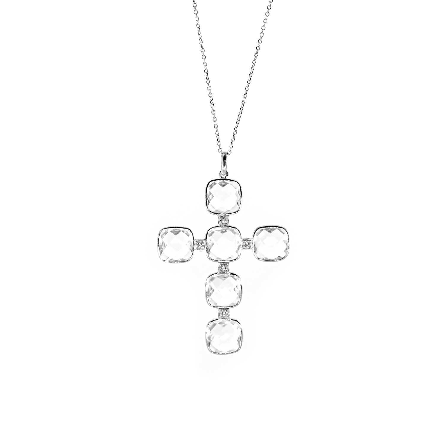 CADENA CON DIJE ORO BLANCO 14K CRUZ CUARZO CLEAR