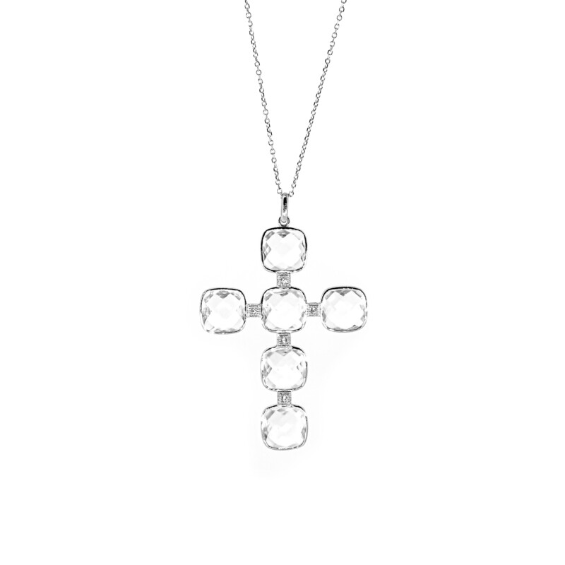 CADENA CON DIJE ORO BLANCO 14K CRUZ CUARZO CLEAR