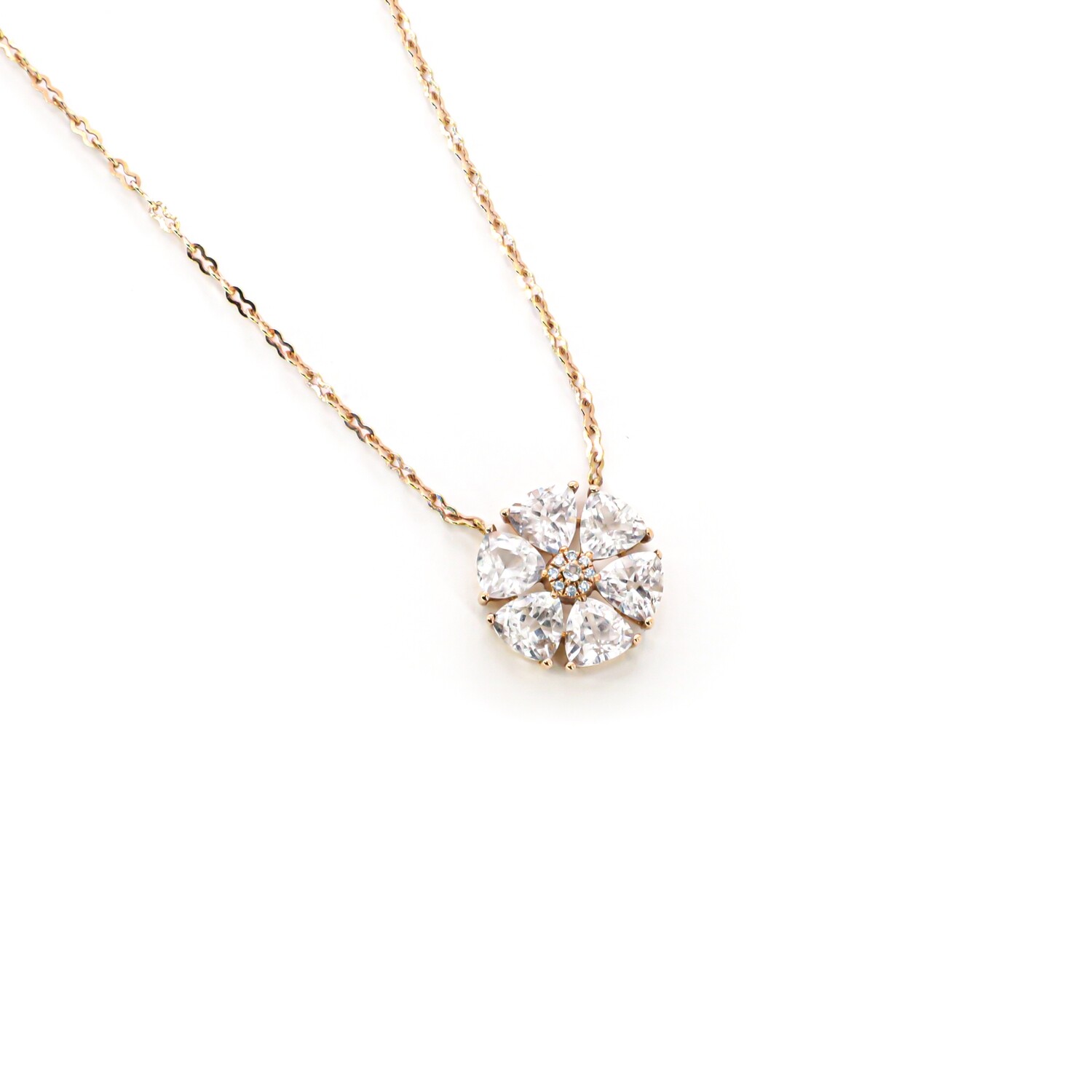CADENA ORO ROSADO 18K FLOR CUARZO CLEAR &amp; DIAMANTES